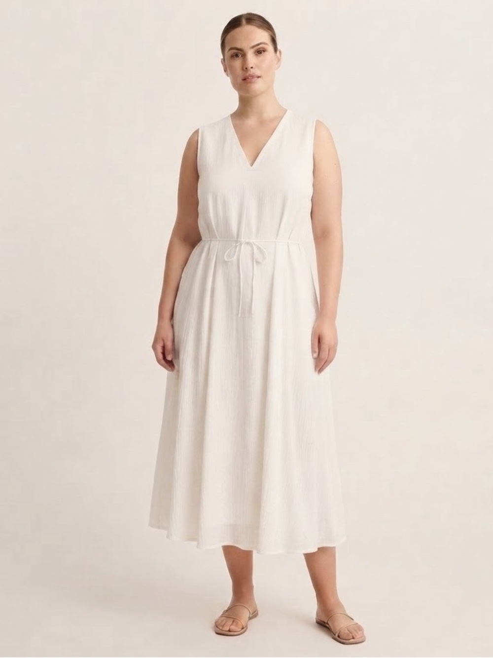 Vince White Cotton Midi Dress L Sleeveless V Neck Drawstring Waist NWT $275